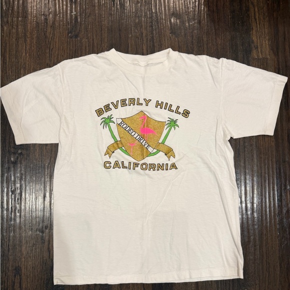 Tops - Vintage Beverly Hills California White Graphic Tee with Pink Flamingo